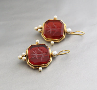 Red Intaglio Crystal Earrings, Victorian Style, 18K Gold, photo 2