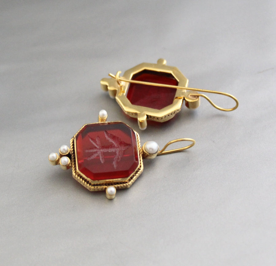 Red Intaglio Crystal Earrings, Victorian Style, 18K Gold, photo 9