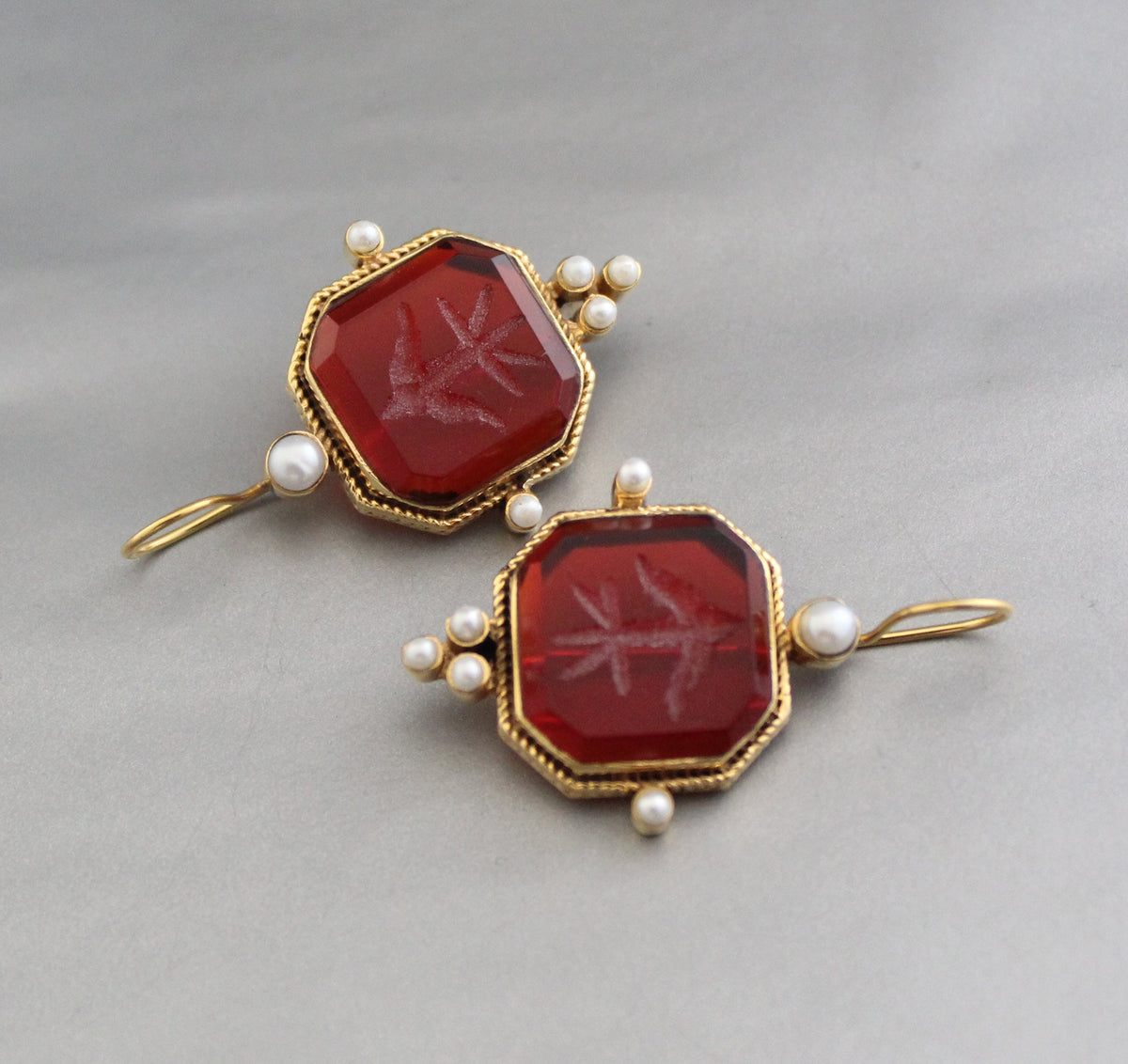 Red Intaglio Crystal Earrings, Victorian Style, 18K Gold, photo 4