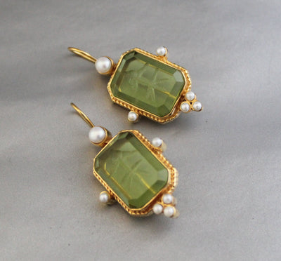 Olive Green Intaglio Crystal Earrings, Art Deco Style, Gold, photo 10