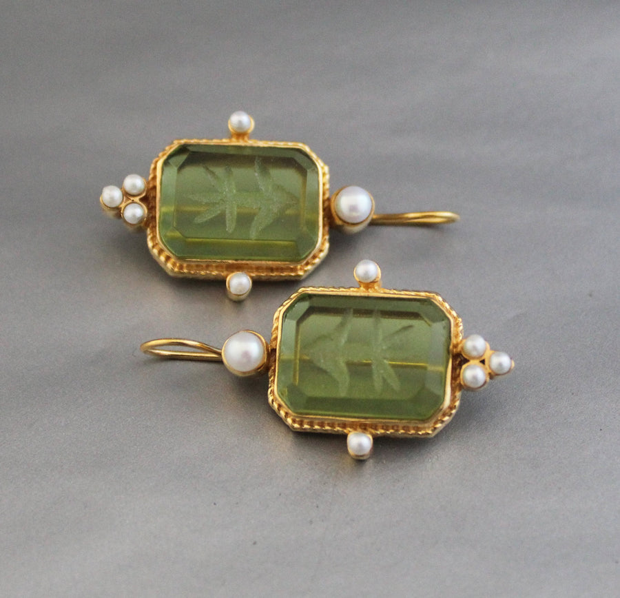 Olive Green Intaglio Crystal Earrings, Art Deco Style, Gold, photo 6