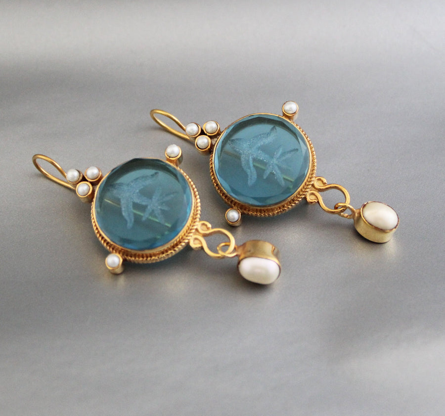 Blue Intaglio Earrings, Ancient Roman Style, Victorian Gold, photo 6