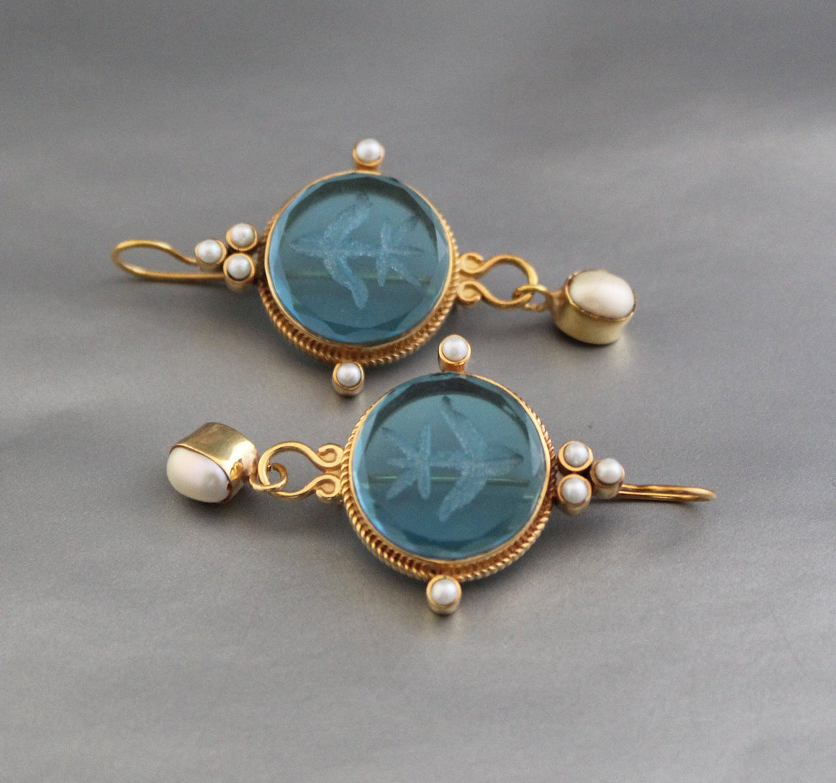 Blue Intaglio Earrings, Ancient Roman Style, Victorian Gold, photo 2