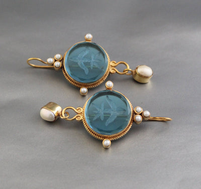 Blue Intaglio Earrings, Ancient Roman Style, Victorian Gold, photo 2