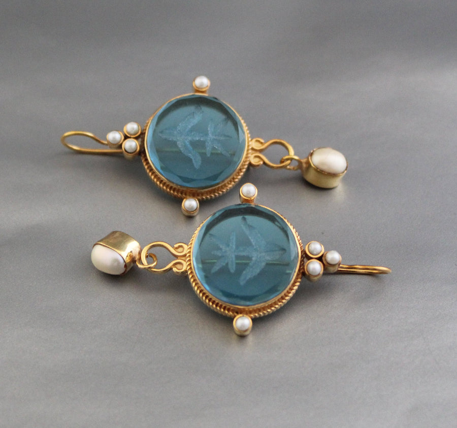Blue Intaglio Earrings, Ancient Roman Style, Victorian Gold, photo 2