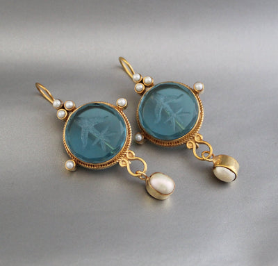 Blue Intaglio Earrings, Ancient Roman Style, Victorian Gold, photo 4