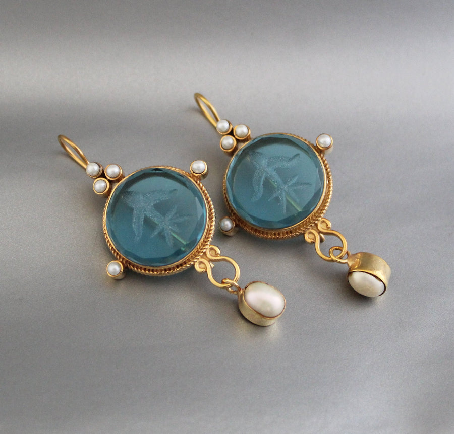 Blue Intaglio Earrings, Ancient Roman Style, Victorian Gold, photo 4
