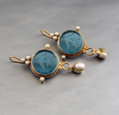 Blue Intaglio Earrings, Ancient Roman Style, Victorian Gold, photo 5