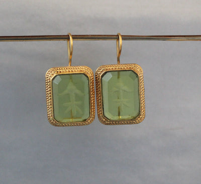 Green Glass Intaglio Earrings, Edwardian Art Deco Style, 18K Gold, photo 2