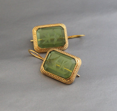 Green Glass Intaglio Earrings, Edwardian Art Deco Style, 18K Gold, photo 4
