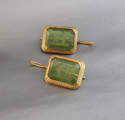 Green Glass Intaglio Earrings, Edwardian Art Deco Style, 18K Gold, photo 5