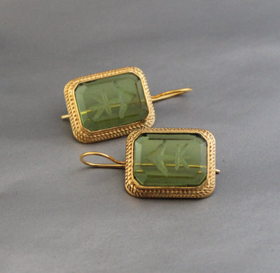 Green Glass Intaglio Earrings, Edwardian Art Deco Style, 18K Gold, photo 6