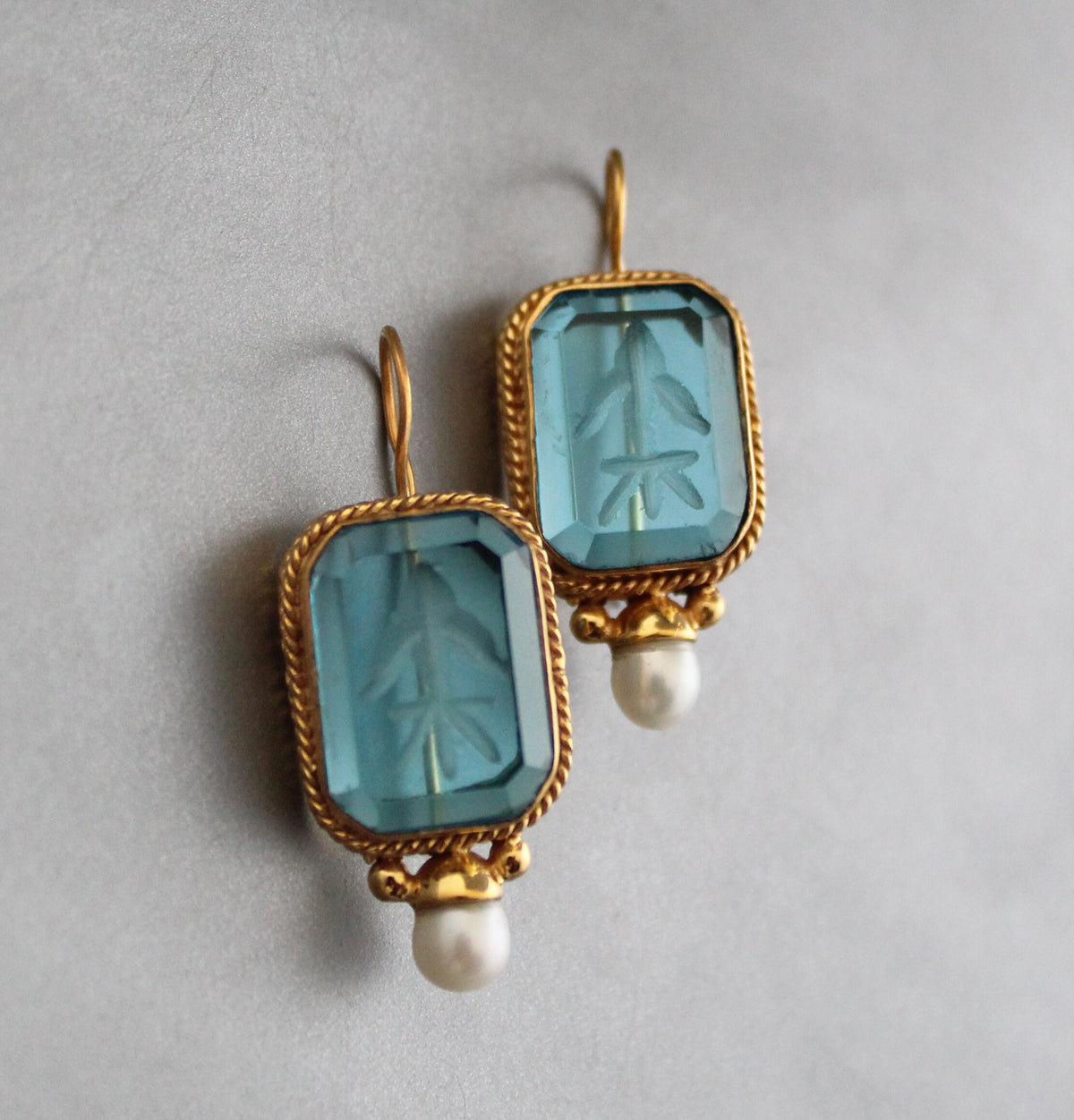 Blue Glass Intaglio Earrings, Victorian Pearl Style, 18K Gold Vermeil, photo 6
