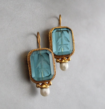 Blue Glass Intaglio Earrings, Victorian Pearl Style, 18K Gold Vermeil, photo 6