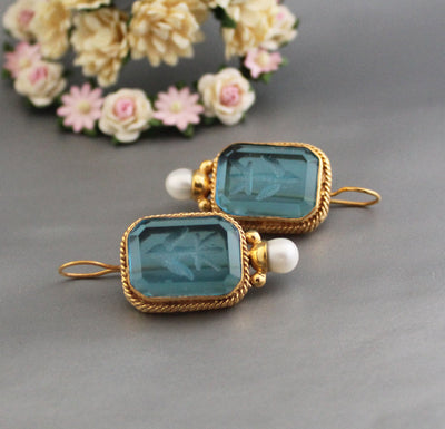 Blue Glass Intaglio Earrings, Victorian Pearl Style, 18K Gold Vermeil, photo 7