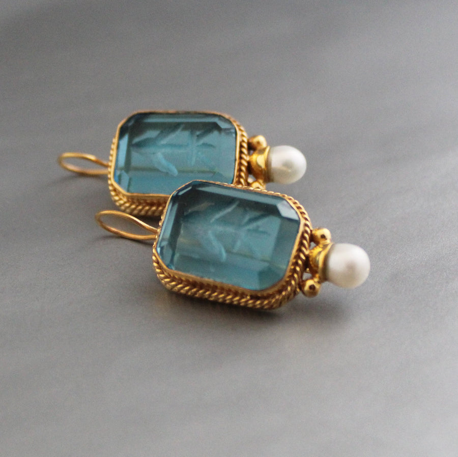 Blue Glass Intaglio Earrings, Victorian Pearl Style, 18K Gold Vermeil, photo 5