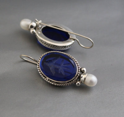 Blue Glass Intaglio Earrings, Victorian Art Deco Style, 925 Sterling Silver, photo 8