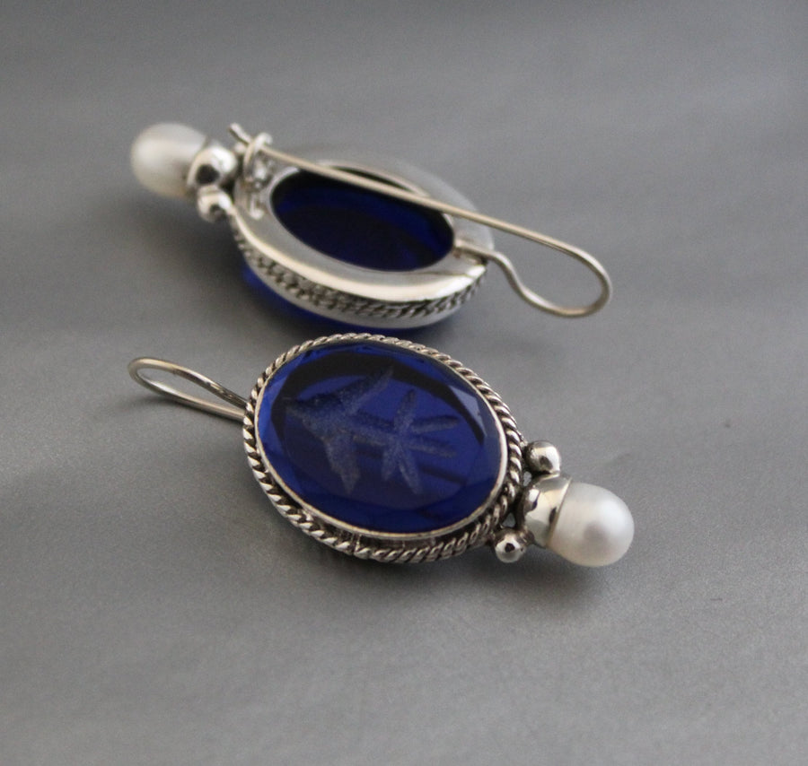 Blue Glass Intaglio Earrings, Victorian Art Deco Style, 925 Sterling Silver, photo 8
