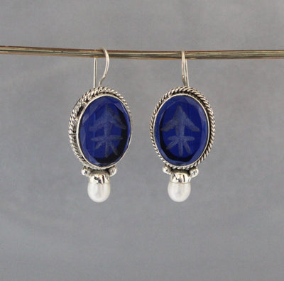Blue Glass Intaglio Earrings, Victorian Art Deco Style, 925 Sterling Silver