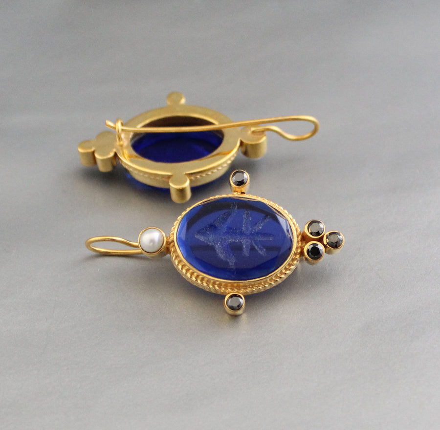 Blue Fleur-de-lis Intaglio Earrings, Vintage Gold Filled, photo 2