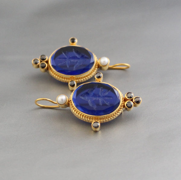 Blue Fleur-de-lis Intaglio Earrings, Vintage Gold Filled