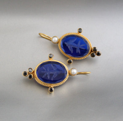 Blue Fleur-de-lis Intaglio Earrings, Vintage Gold Filled, photo 5