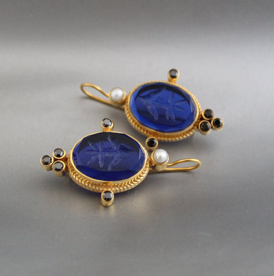 Blue Fleur-de-lis Intaglio Earrings, Vintage Gold Filled, photo 7