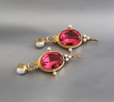 Pink Glass Intaglio Earrings, Victorian Style, 18K Gold, photo 6