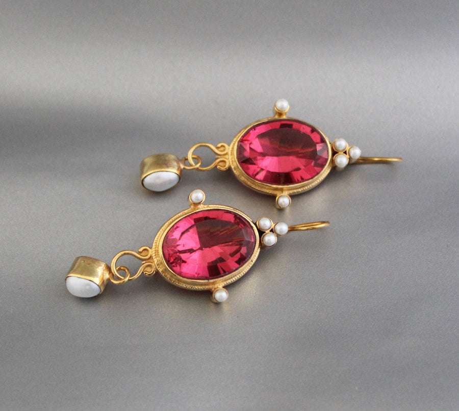 Pink Glass Intaglio Earrings, Victorian Style, 18K Gold, photo 6