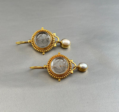 Clear Glass Intaglio Earrings, Victorian Art Deco, Gold with Pearl, photo 4