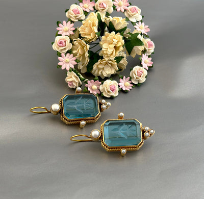 Blue Intaglio Crystal Earrings, Roman Cameo Style, Oxidized Gold, photo 7