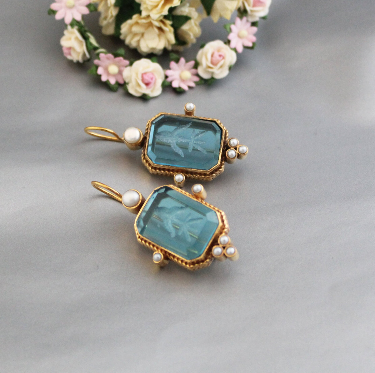 Blue Intaglio Crystal Earrings, Roman Cameo Style, Oxidized Gold, photo 5