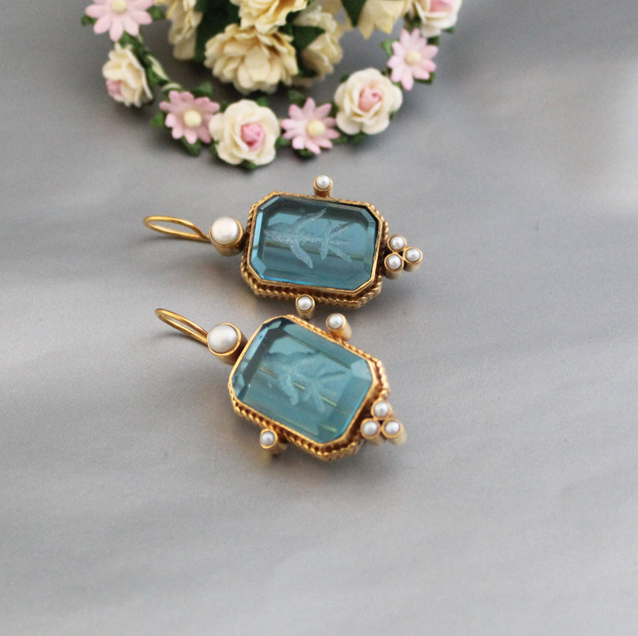 Blue Intaglio Crystal Earrings, Roman Cameo Style, Oxidized Gold, photo 5