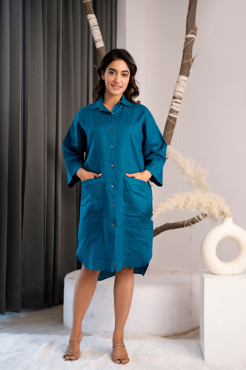 Teal Linen Tunic Top: Long Sleeve Oversized Shirt with Pockets