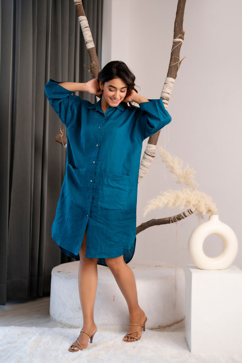 Teal Linen Tunic Top: Long Sleeve Oversized Shirt with Pockets