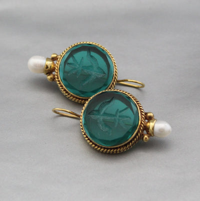 Green Glass Intaglio Earrings, Victorian Brass with Pearl