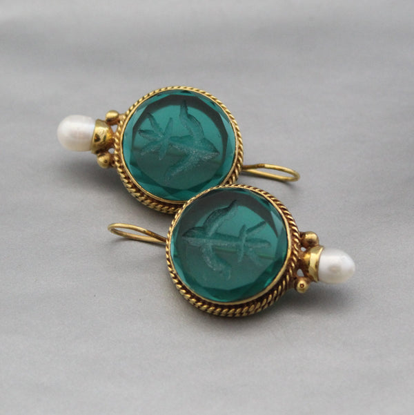 Green Glass Intaglio Earrings, Victorian Brass with Pearl
