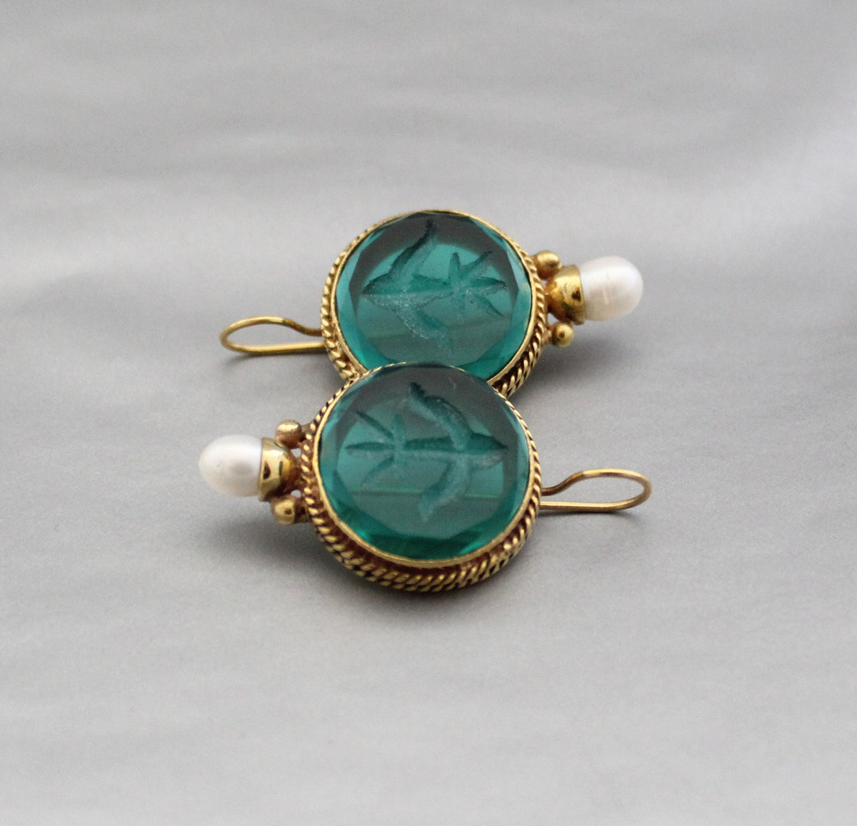 Green Glass Intaglio Earrings, Victorian Brass with Pearl, photo 11