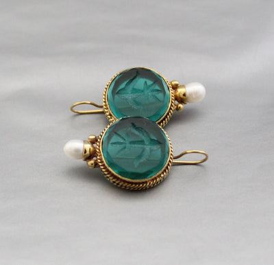 Green Glass Intaglio Earrings, Victorian Brass with Pearl, photo 11