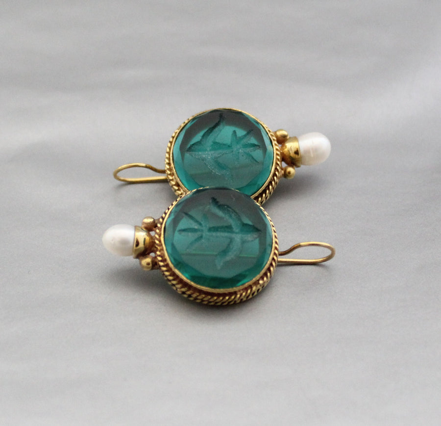 Green Glass Intaglio Earrings, Victorian Brass with Pearl, photo 11