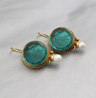Green Glass Intaglio Earrings, Victorian Brass with Pearl, photo 7