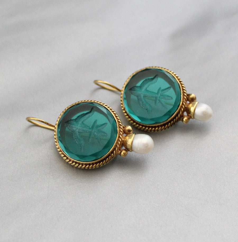 Green Glass Intaglio Earrings, Victorian Brass with Pearl, photo 7