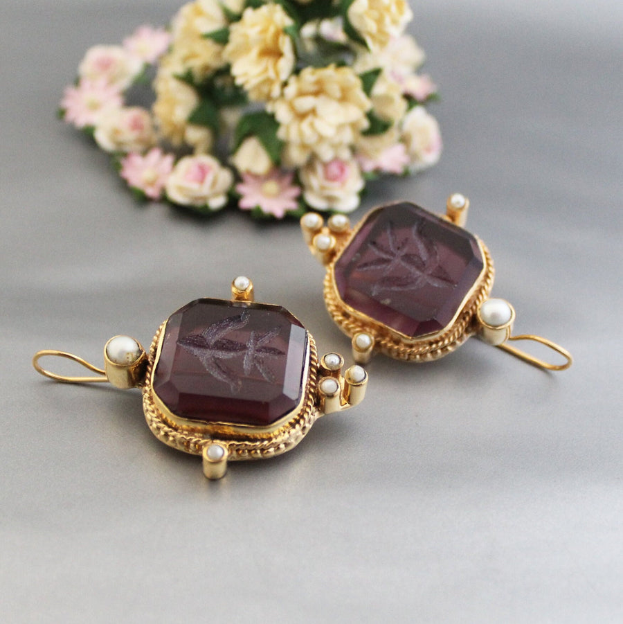 Purple Intaglio Glass Earrings, Victorian Style, Brass with Pearls, photo 2