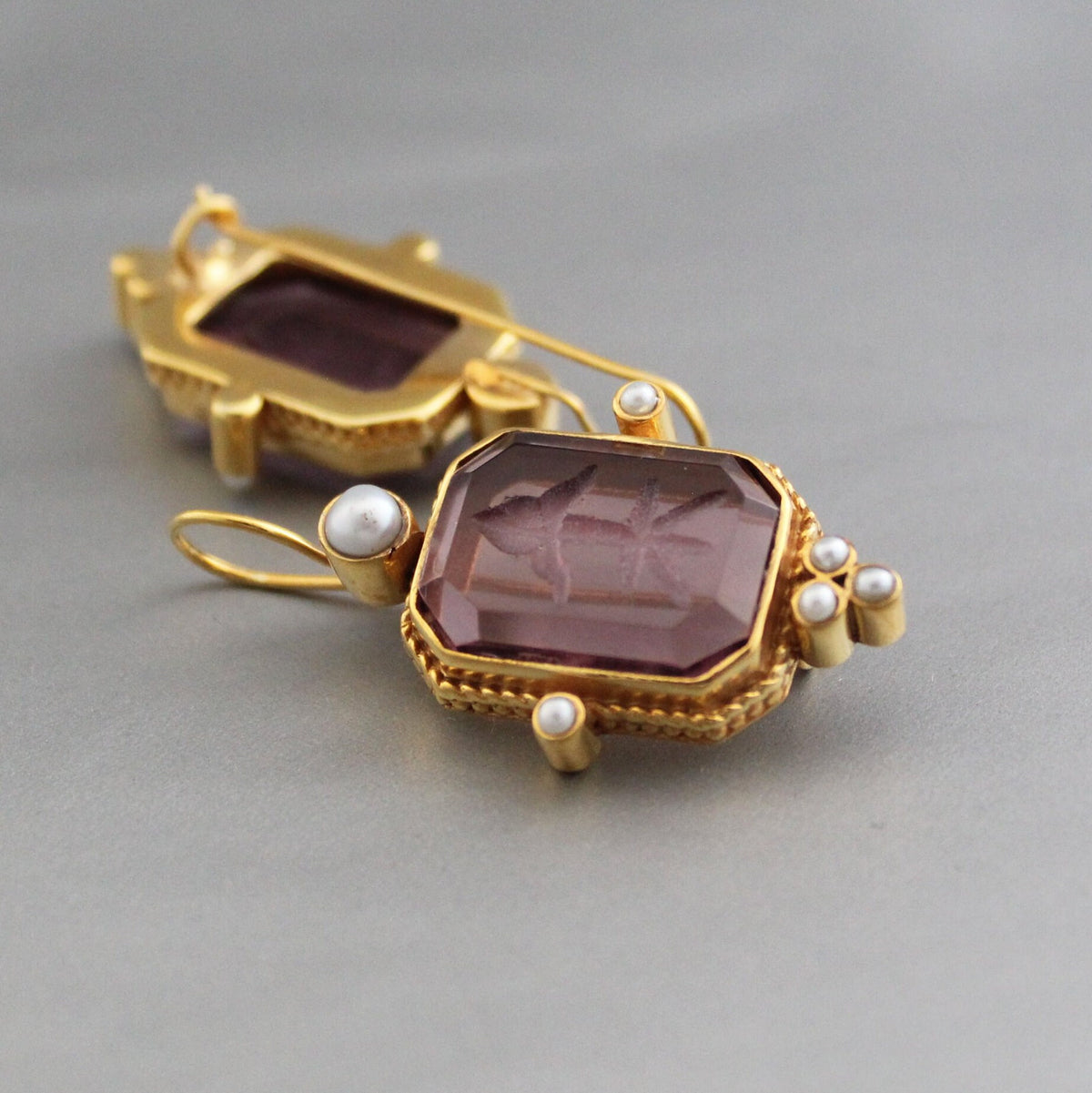 Purple Glass Intaglio Earrings, Art Deco Style, 14K Gold Plated, photo 4