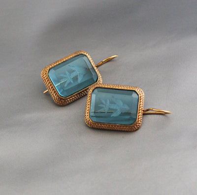Blue Intaglio Earrings, Victorian Bridal Style, Gold, photo 5