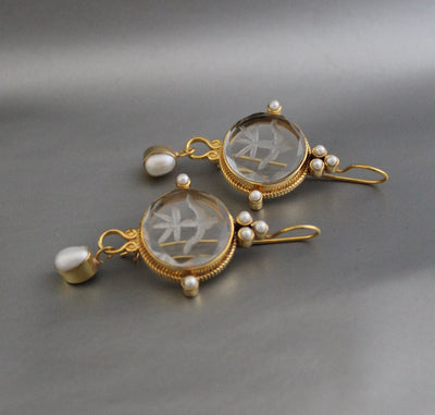 Clear Crystal Intaglio Earrings, Handcrafted Vintage Style