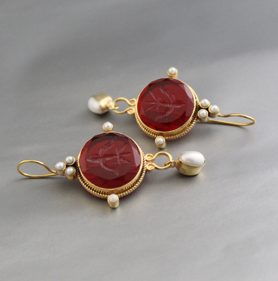 Red Intaglio Crystal Earrings, Vintage Style, 18K Gold Filled, photo 5