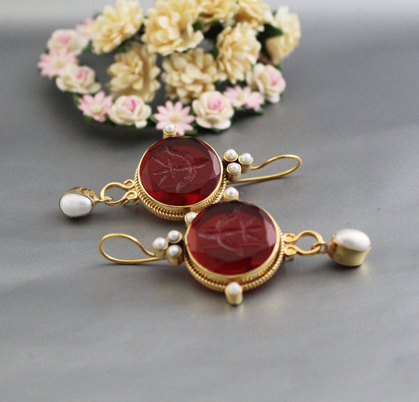 Red Intaglio Crystal Earrings, Vintage Style, 18K Gold Filled