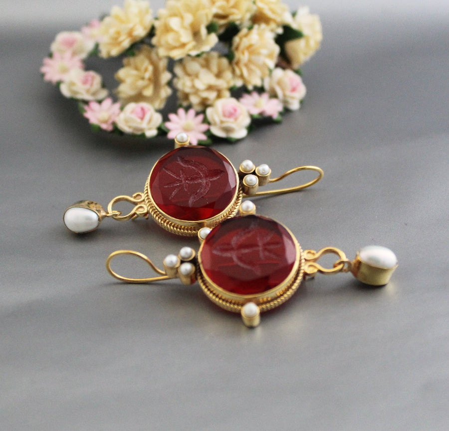Red Intaglio Crystal Earrings, Vintage Style, 18K Gold Filled