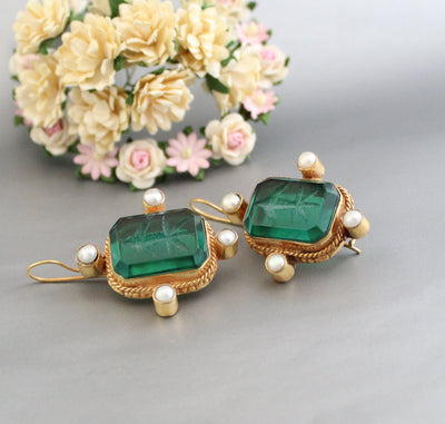 Intaglio Glass Earrings, Art Nouveau Style, Brass and Pearl, photo 2